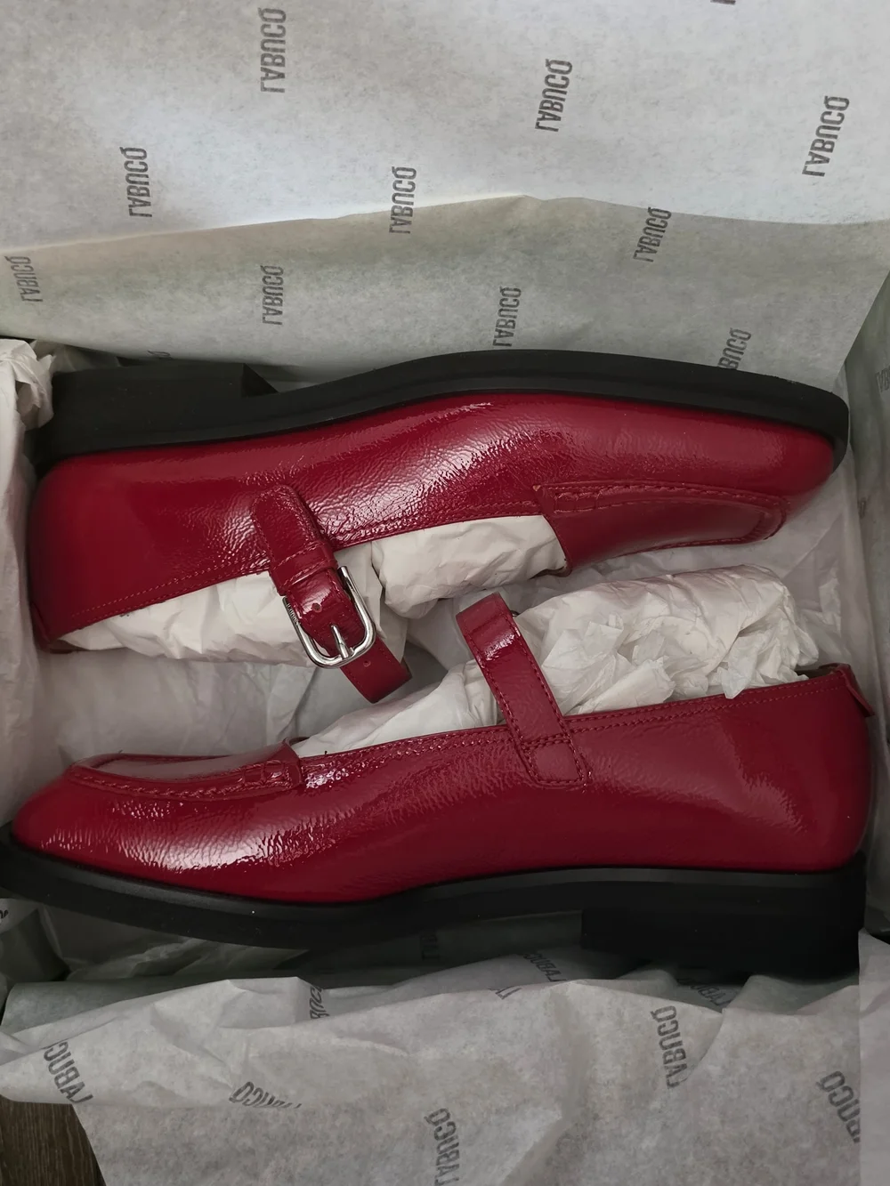 Labucq Norman Mary Jane Square Toe Buckle Strap Red Patent Shoes Size 40